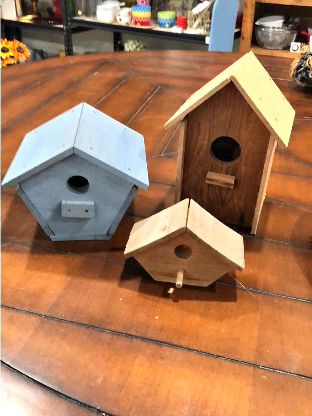 Set of 3 Wooden Birdhouses in Brown & Gray